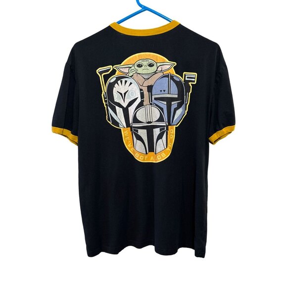 Star Wars Mens Mandalorian T-Shirt Size L Black/Yellow Ringer Tee Featuring Grog - Picture 3 of 4